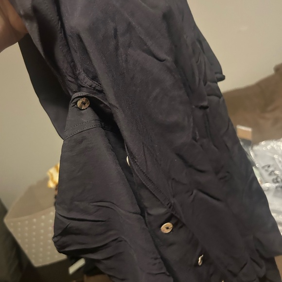 Black Button Down Shirt with Notched Collar and Short Cuffed Sleeves - Picture 3 of 3